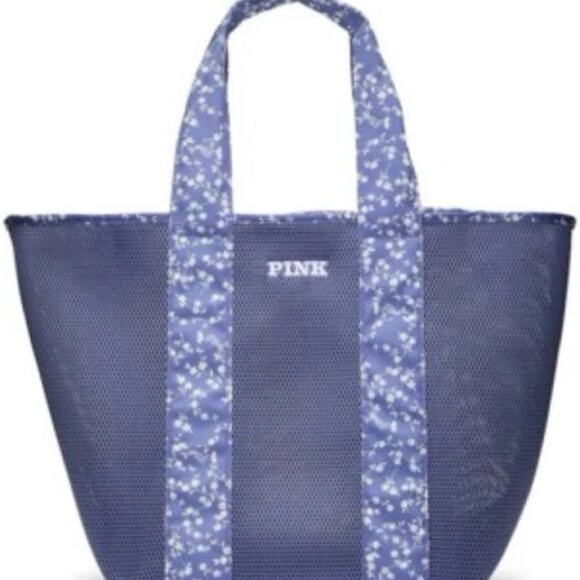 Victoria’s Secret Pink Mesh Pool Beach Blue Floral Tote Zip Top NWT - Picture 1 of 2